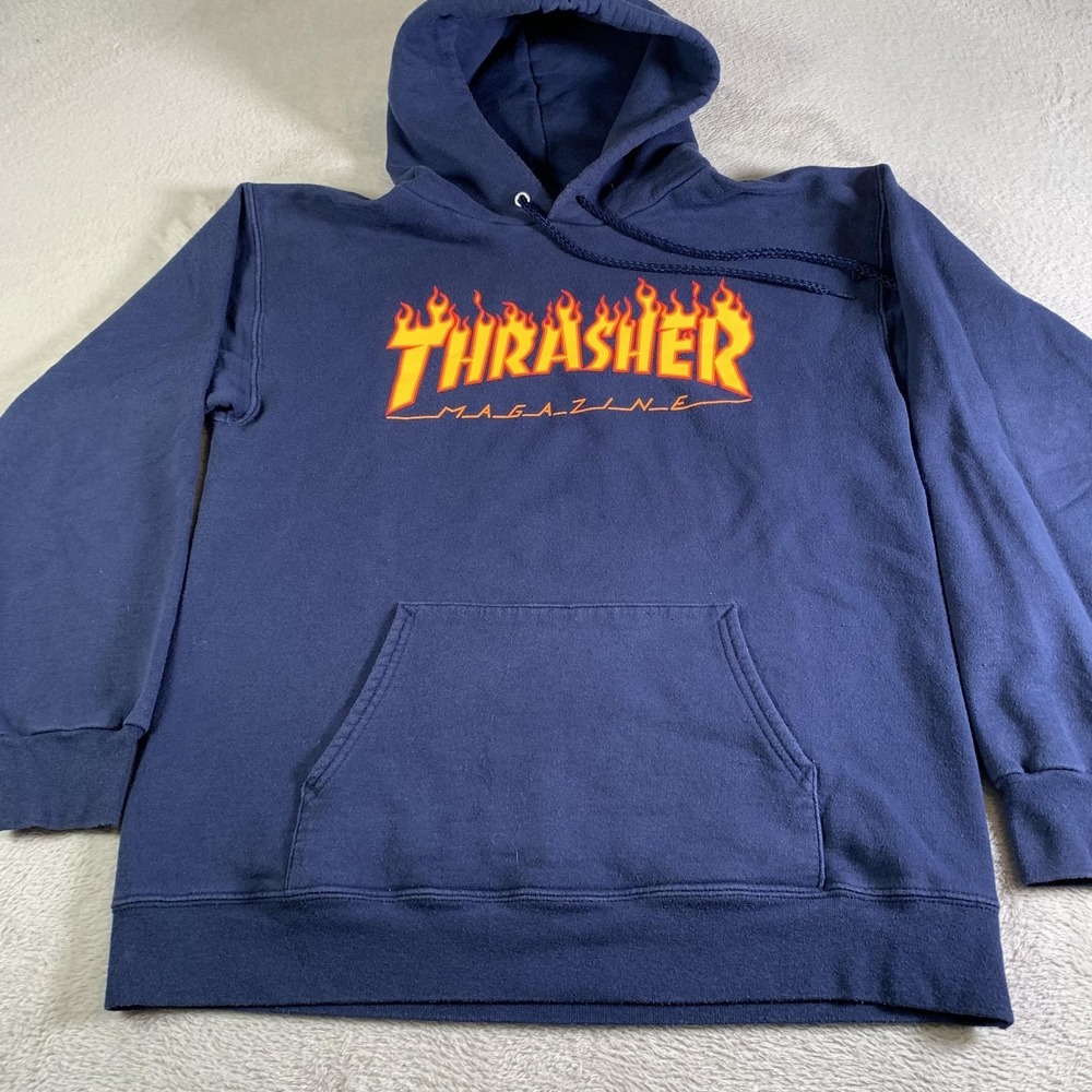 Thrasher Hoodie Mens Small Blue‎ Pullover Fleece Flame Logo Skateboard Graphic